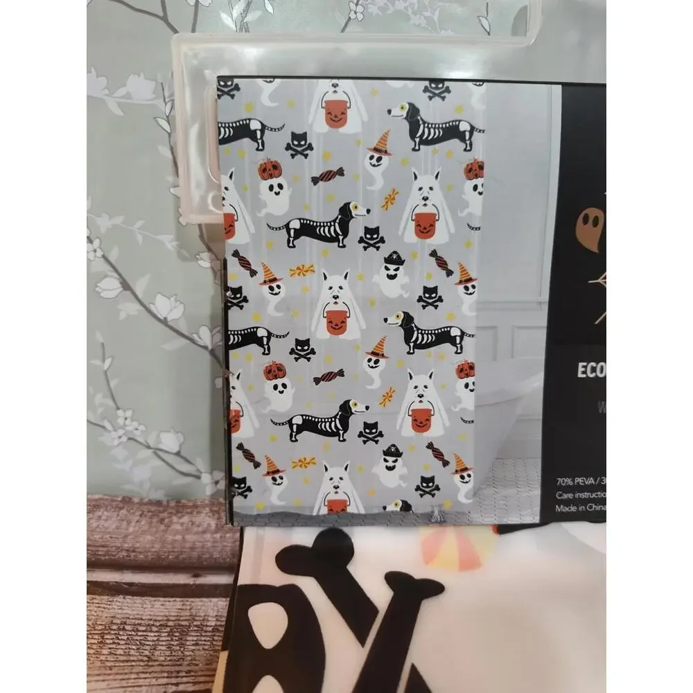 Happy Halloween Shower Curtain Eco Peva 70”x 72” Dog Costumes Trick or Treat Boo